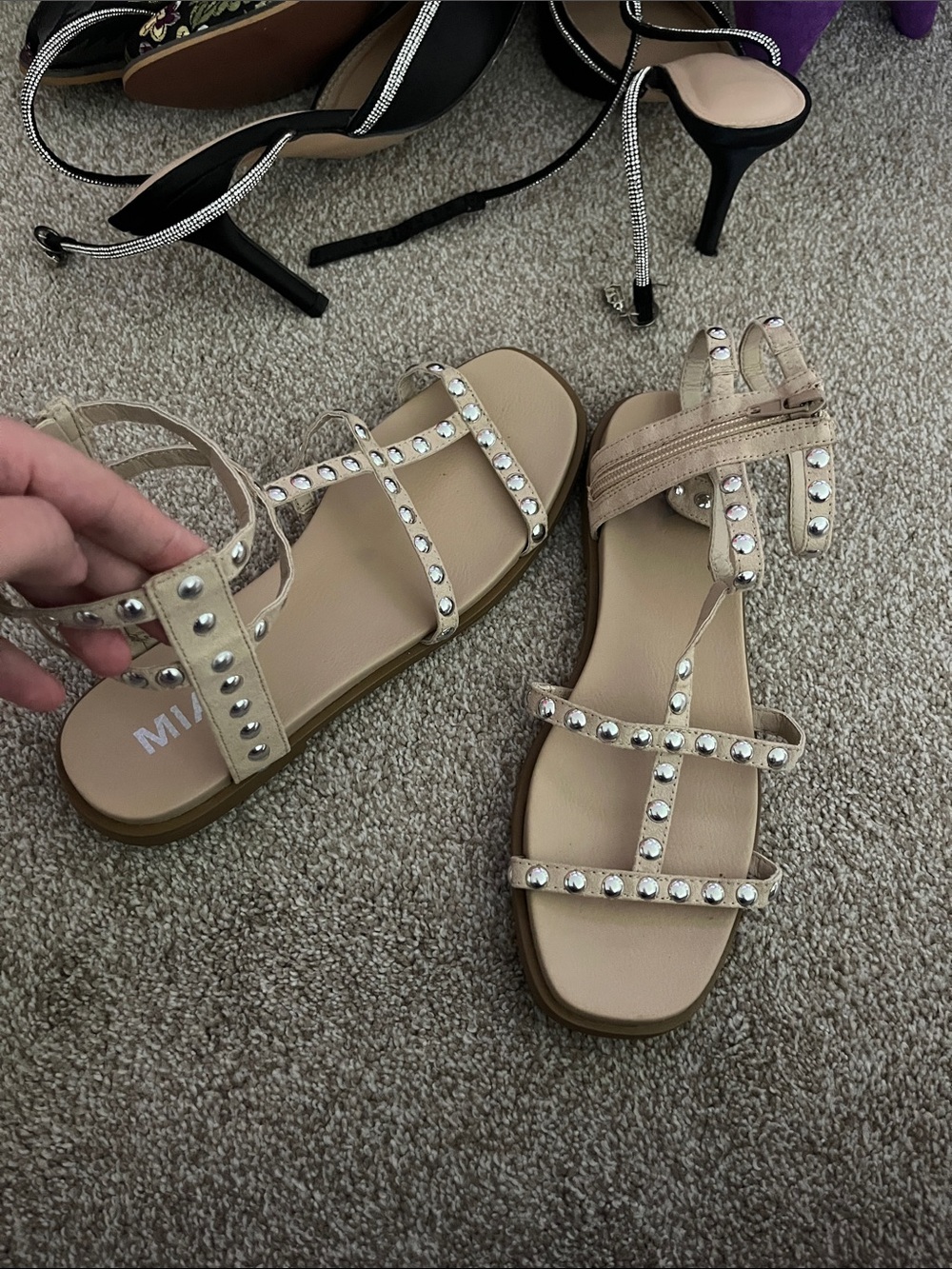 MIA Beige Studded T-Strap Sandals